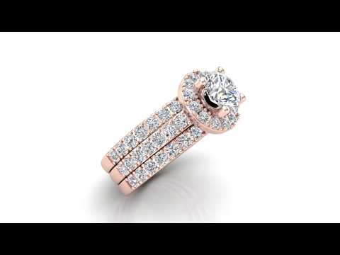 Round Brilliant Cut Halo Diamond Wedding Ring w/ Enhancer Bands 1.70 Carat Total Weight 14K Gold