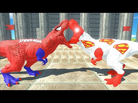 SPIDERMAN T-REX vs WHITE SUPERMAN T-REX ANCIENT DEATH RUN - Animal Revolt Battle Simulator
