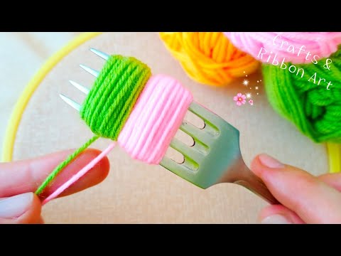 It's so Cute 🌺🌟 Superb Woolen Flower Making Trick with Fork - Hand Embroidery Amazing Flower Design