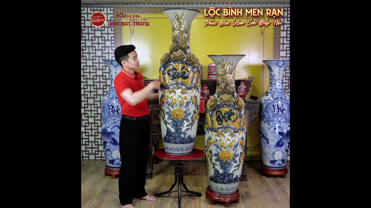 Lộc Bình Men Rạn Phúc Đức Hoa Sen Đắp Nổi