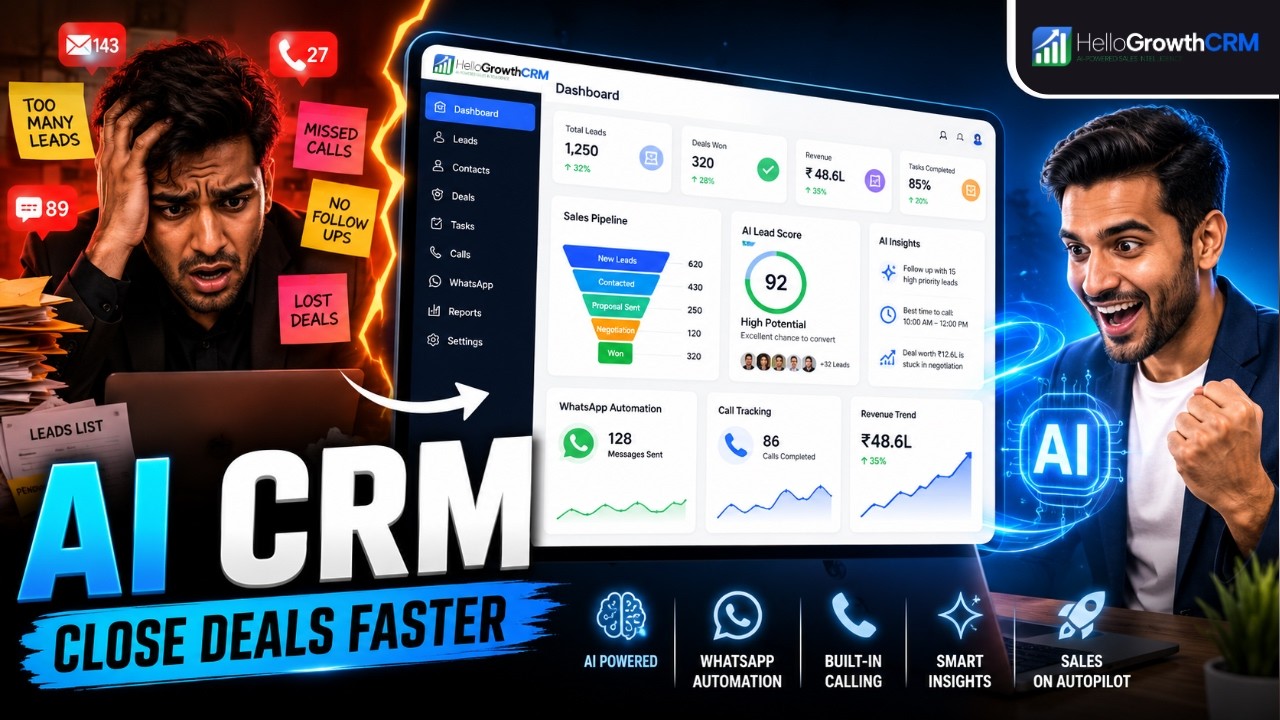 Watch: HelloGrowthCRM features explained — AI lead scoring, dialer, WhatsApp, and more