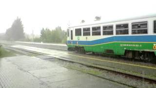 preview picture of video 'Železnice Desná, Velké Losiny nádraží - regionova a 810 141 za deště.'