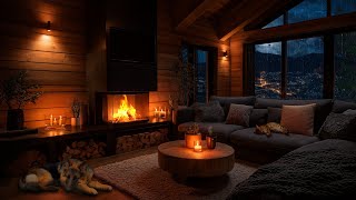 Thunderstorm & Rain in Cozy Mountain Cabin | Crackling Fireplace, Sleeping Pets & Village Lights