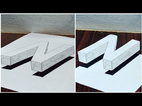 How to Draw 3D floating N on paper - How to Draw 3D letters - Very easy step by step.