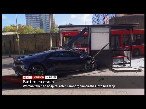 Lamborghini car crash wrecks Battersea bus stop in London (car looks wrecked as well) (UK)