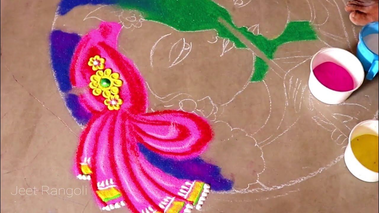 portrait rangoli design radha krishna step by step by jeet rangoli