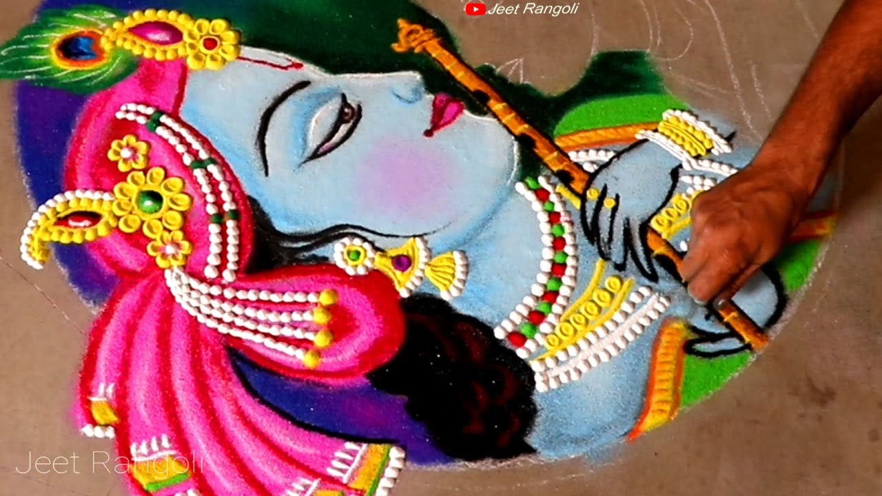 Portrait rangoli design radha krishna step by step by jeet rangoli