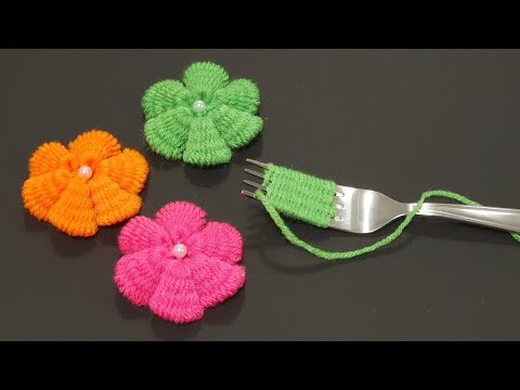 Amazing Woolen Flower Making with Fork - Diy Wool Craft Ideas - How to No Crochet Flower,Yarn Flower