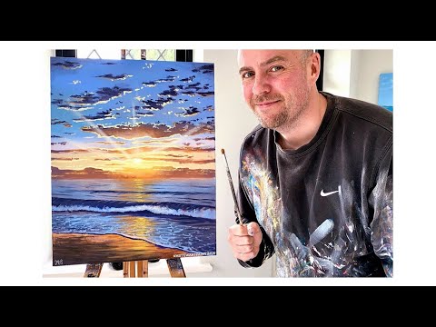 How to paint a Sunset over the ocean for beginners/medium - Acrylic painting tutorial ocean sunset