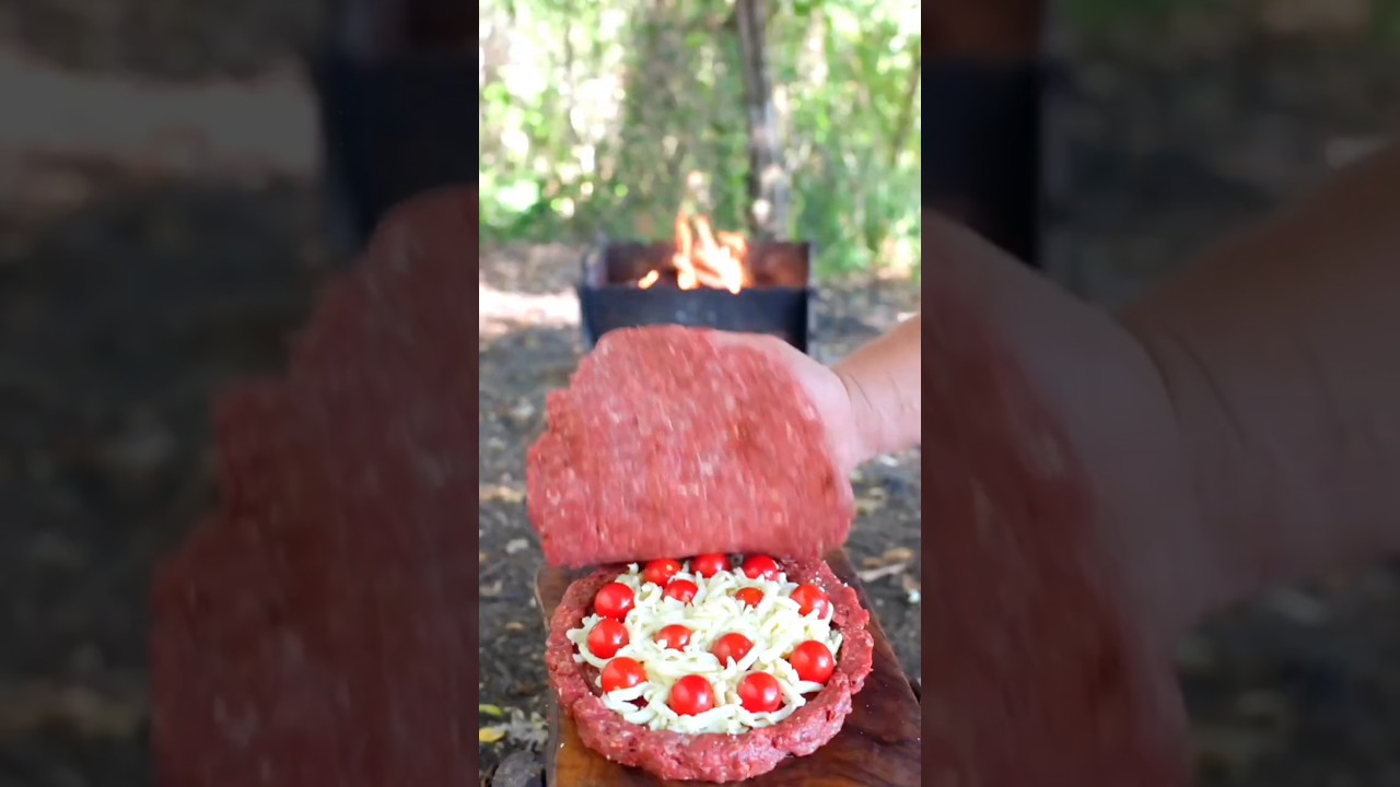 Giant Cheese & Tomato Stuffed Steak Patty! 🥩🔥 #outdoorcooking #cheesepull #shorts #wildernesscooking