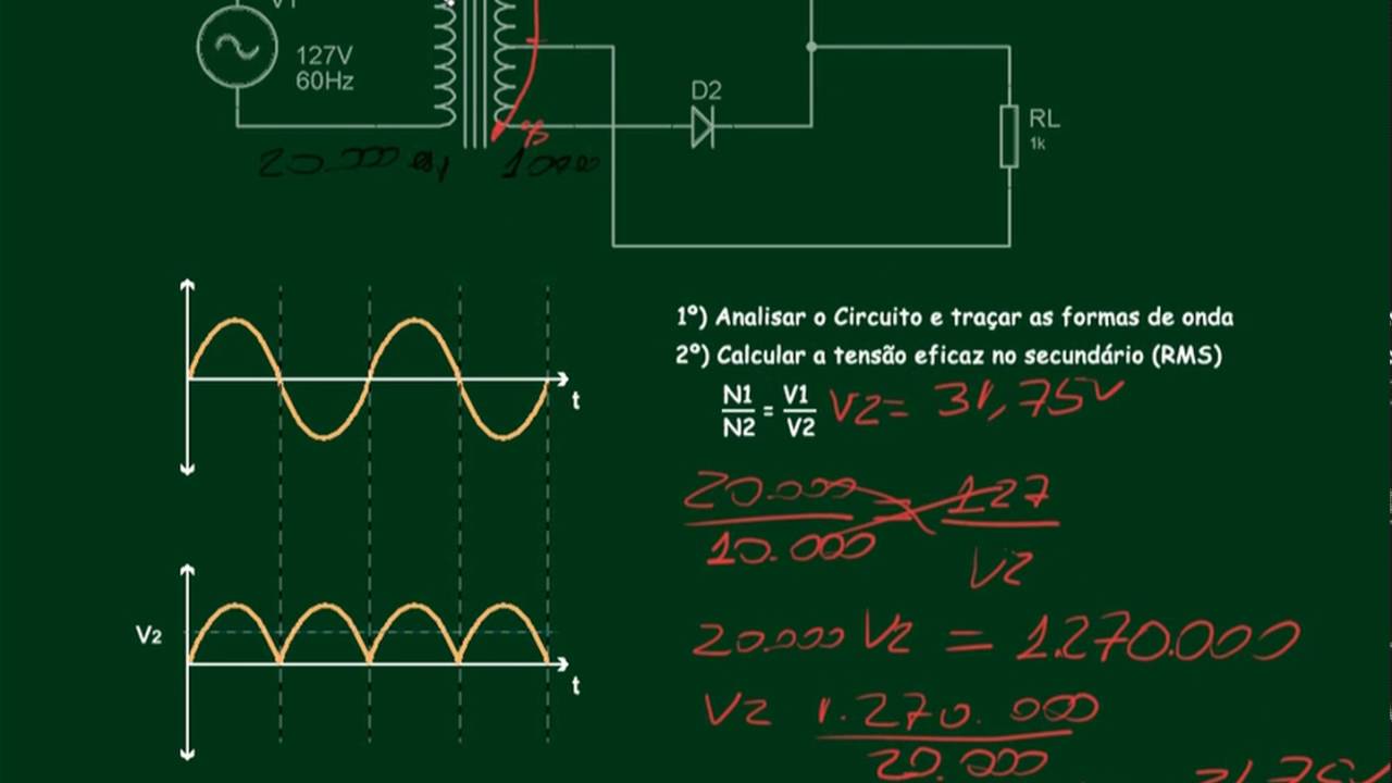 Retificadores de Onda Completa com dois diodos -  Cálculos - Aula 07