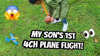 My Son Drone Deesy flies his First True 4ch Plane! (Volantex P51D Mustang 400mm)