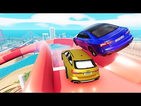 Cars VS Water Slides Parkour - Sports Car Crash Driver - BeamNG Drive