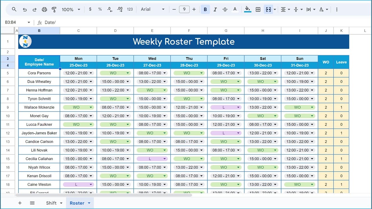 Weekly Roster Template in Google Sheet | Step by Step tutorial