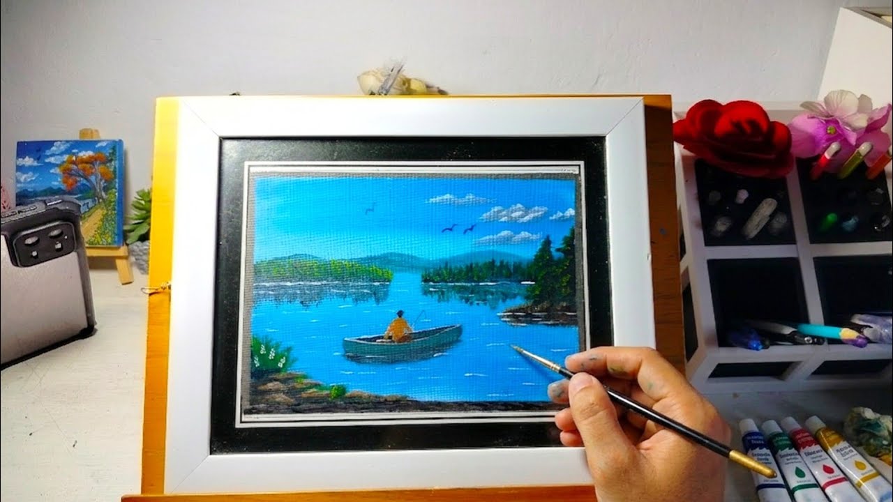 Paint a Lonely Fisherman is Fishing in the Lake, Acrylic Painting Tutorial for Beginner 