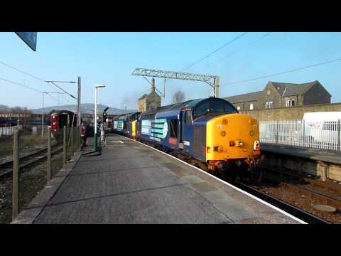 DRS Class 37's  37682 & 37601 light engine Carnforth 24th March 2011