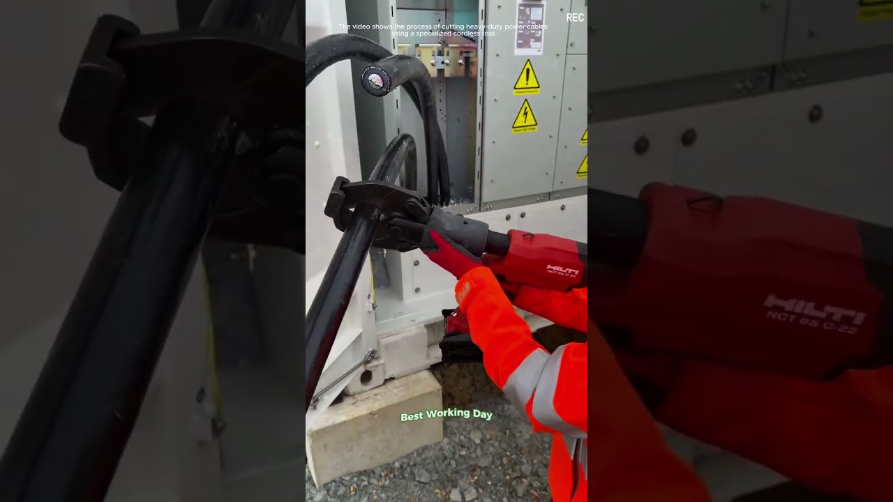 The process of cutting heavy duty power cables using a specialized cordless tool