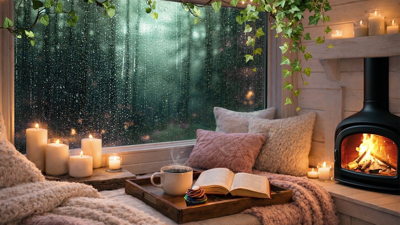Cozy Reading Nook with Fireplace & Rainy Forest View 🌧️🔥 Warm Tea & Book | Relaxing ASMR Ambience
