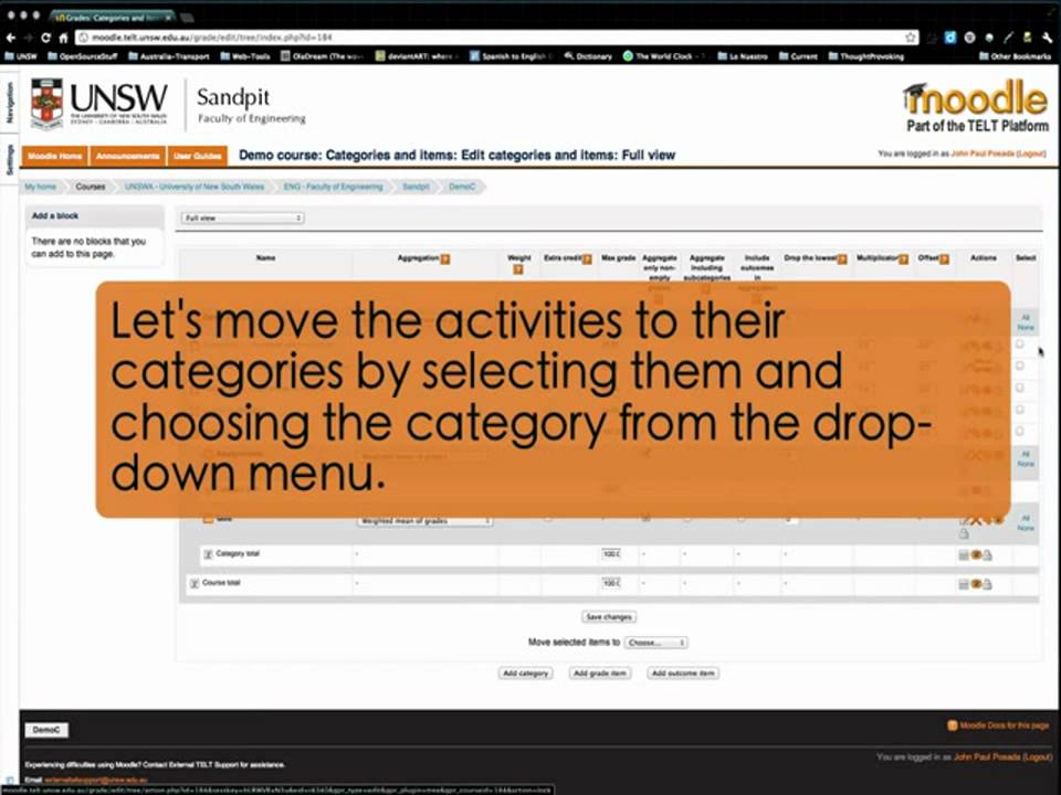 Creating grade categories in the Moodle grades area