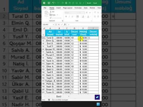 Günlük iş saatına görə işçiyə ödəniləcək pulun hesablanması #innab #microsoft #excel