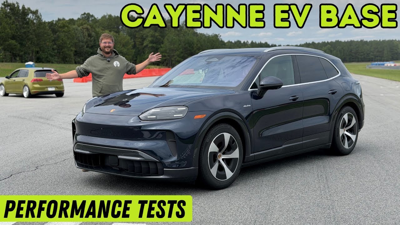 Porsche Cayenne Electric lined up for acceleration testing on a runway