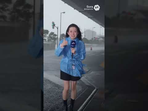 ミニスカ女子アナの中継中に台風でバケツが顔面直撃