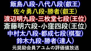飯島八段-八代八段(叡王) 佐々勇八段-勝者(叡王) 渡辺明九段-三枚堂七段(王位) 斎藤明六段-小窪四段(王位) 中村太八段-都成七段(棋聖) 鈴木九段-勝者(達人) 元奨励会員アユムの評価値放送