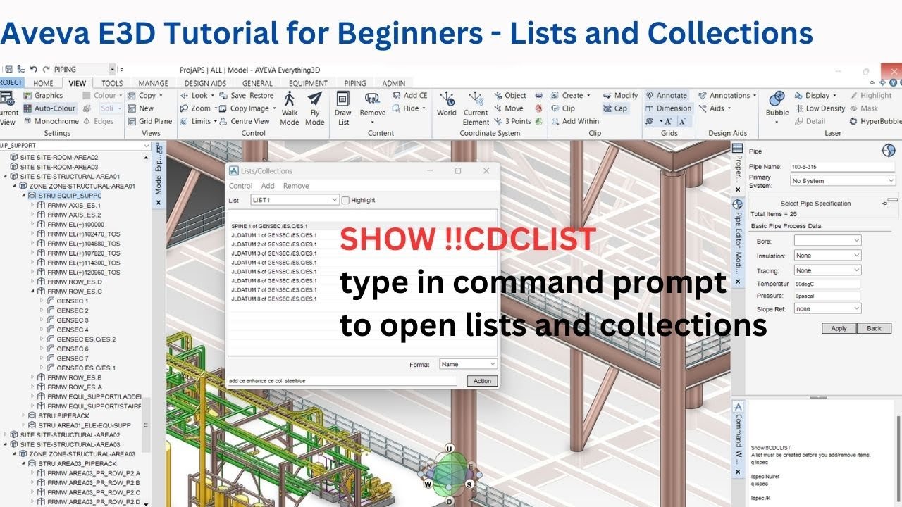 Aveva E3D tutorial for beginners - lists and Collections | E3D basic tutorial