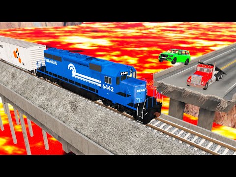Cars and Ramp Truck vs Lava & Broken Bridge and Trains - BeamNG.Drive