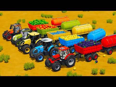 NEW HOLLAND vs CLAAS vs LAMBORGHINI vs VALTRA TRACTORS BATTLE WITH FRUITS & WATER TANKS - Fs22