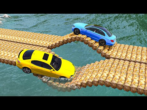 Cars vs 2 Log Bridges and Deep Water - BeamNG.Drive