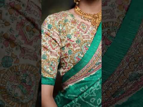 Green Fusion of Madhubani and Bandhej Green Silk Saree with Unstitched Blouse