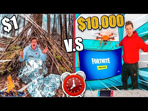 $1 Vs $10,000 FORT - Overnight Survival Challenge In The Woods (24 Hour Challenge)