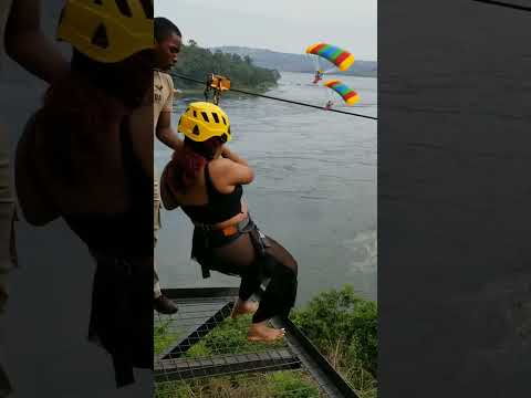 She was almost giving up. Zip lining in River Nile Uganda