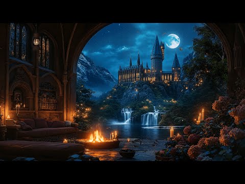 Enchanted Castle by Moonlight – Magical Night Ambience with Fireplace & Waterfalls, Crickets, Owl