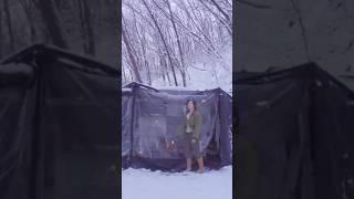 Pretty girl camping overnight watching the snow fall alone in the forest #prettygirl #camp #camping