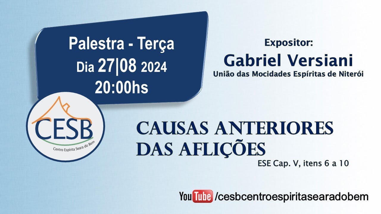 Palestra 27/08/2024 Tema Causas anteriores das aflições ESE Cap. V, itens 6 a 10