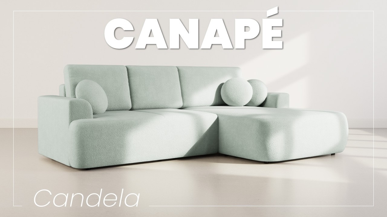 Thumbnail video of the produit Candela - canapé d'angle gauche 4 places - convertible avec coffre - en tissu bouclette