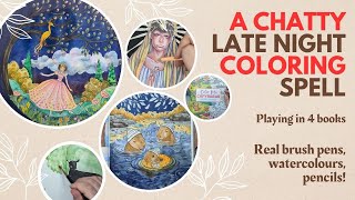 A chatty late night coloring spell - playing in 4 books - real brush pens, watercolors, pencils...