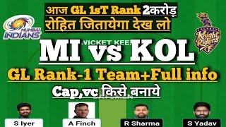 MI vs KOl ipl 56 match dream11 of today match|mumbai vs kolkata dream11 team of today team