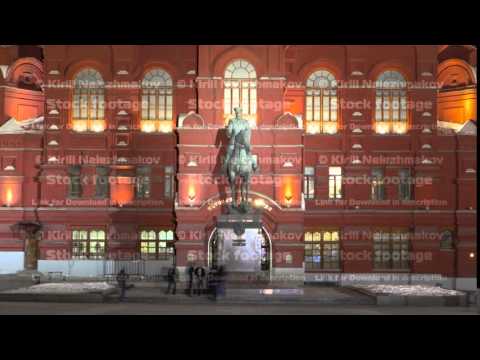 The monument to Marshal Zhukov near the Historical Museum at night timelapse hyperlapse. Moscow