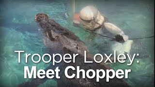 Charity stormtrooper Scott Loxley meets Chopper the croc in Darwin