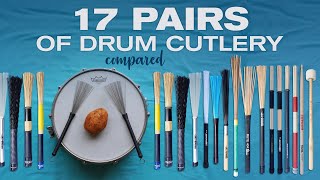 Video thumbnail for 17 Pairs of Brushes Rods Mallets Sticks compared. ProMark Vater Vic Firth Wincent Regal Tip Chalkin by SIC MIC