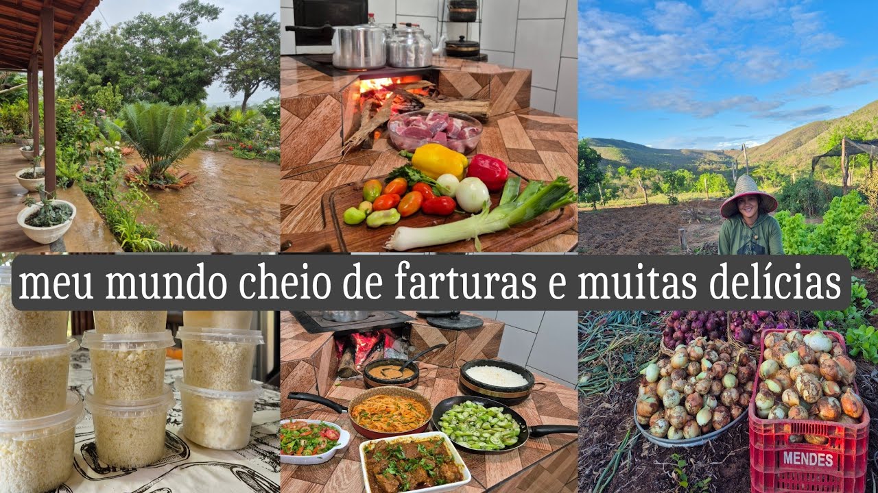 Chuva na roça | comida deliciosa no fogão de lenha+ colheita das cebolas