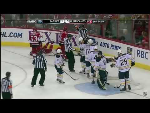 Buffalo Sabres goalie (Jhonas Enroth) makes helmetless save!!!