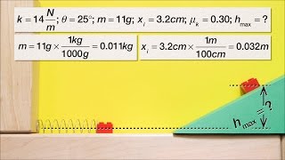 Conservation of Energy Problem with Friction, an Incline and a Spring by Billy