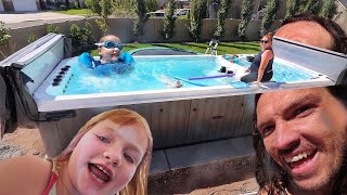 big BACKYARD pool spa hot tub THING!!  Adley & Niko best day ever at our new favorite swimming spot!