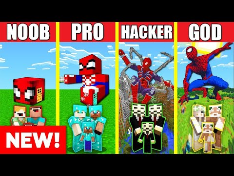 Noob Builder - Minecraft - SPIDERMAN HOUSE BUILD CHALLENGE! Minecraft Battle: NOOB vs PRO vs HACKER vs GOD Animation SPIDER MAN