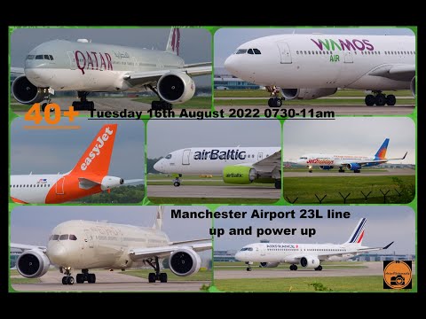 Manchester Airport MAN/EGCC runway 23L 0730am 40+ lining up and powering for take off Tu 16th Aug 22