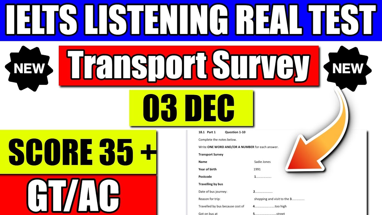 Transport Survey Test | IELTS LISTENING REAL TEST AC/GT #gicratia #ieltslistening #ielts #english